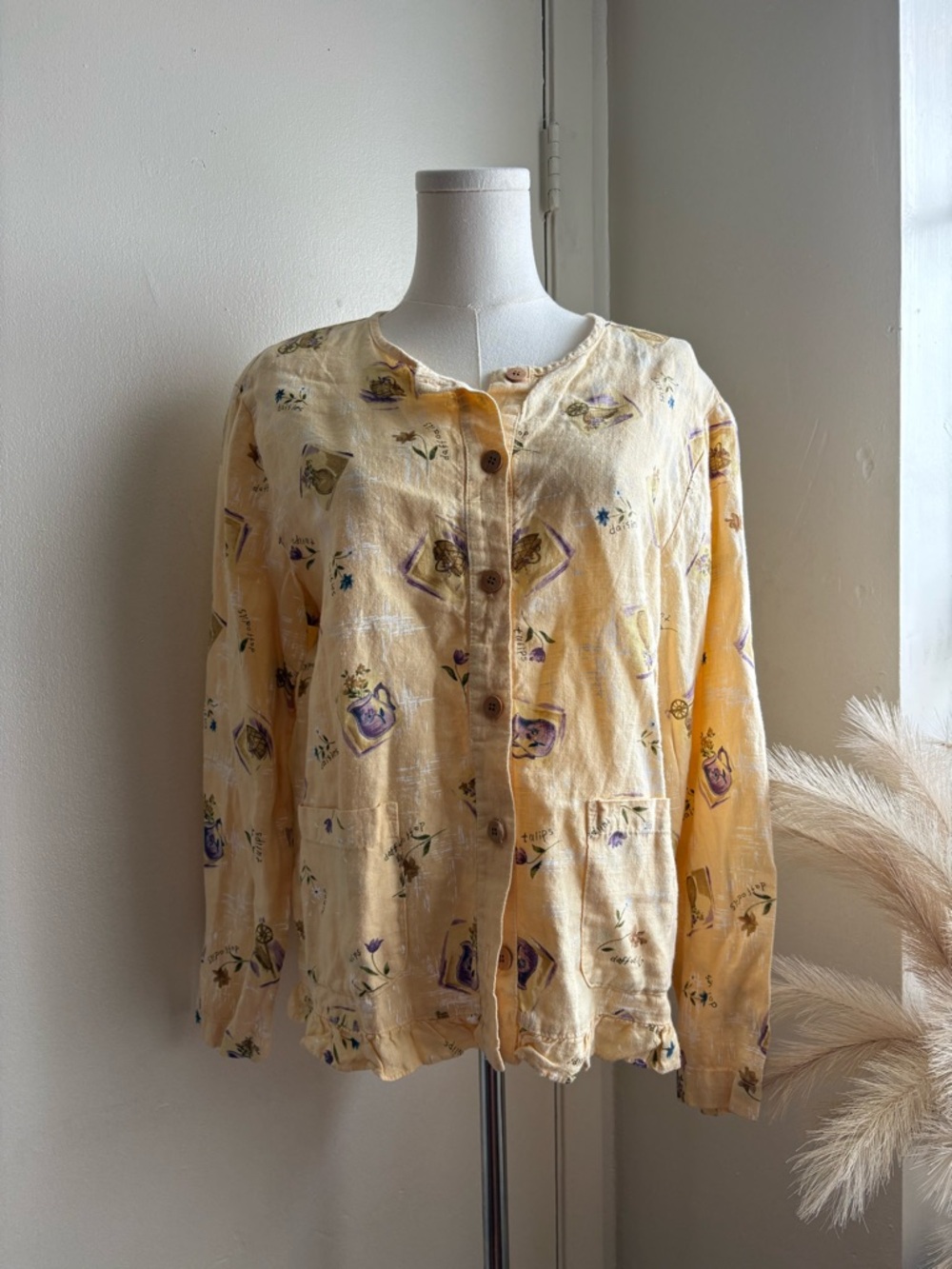 Vintage 90s Studio Ease linen floral graphic button front top